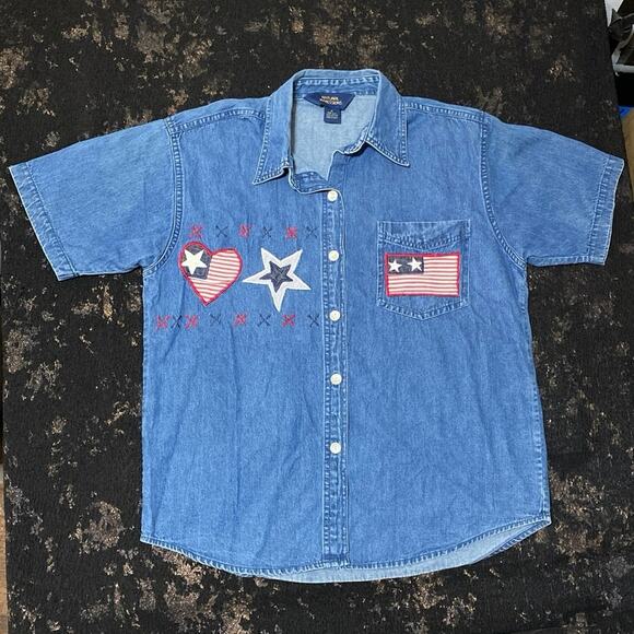July 4th USA Flag Freedom Denim Shirt Button Up Cotton Natural Impressions M - Picture 1 of 10